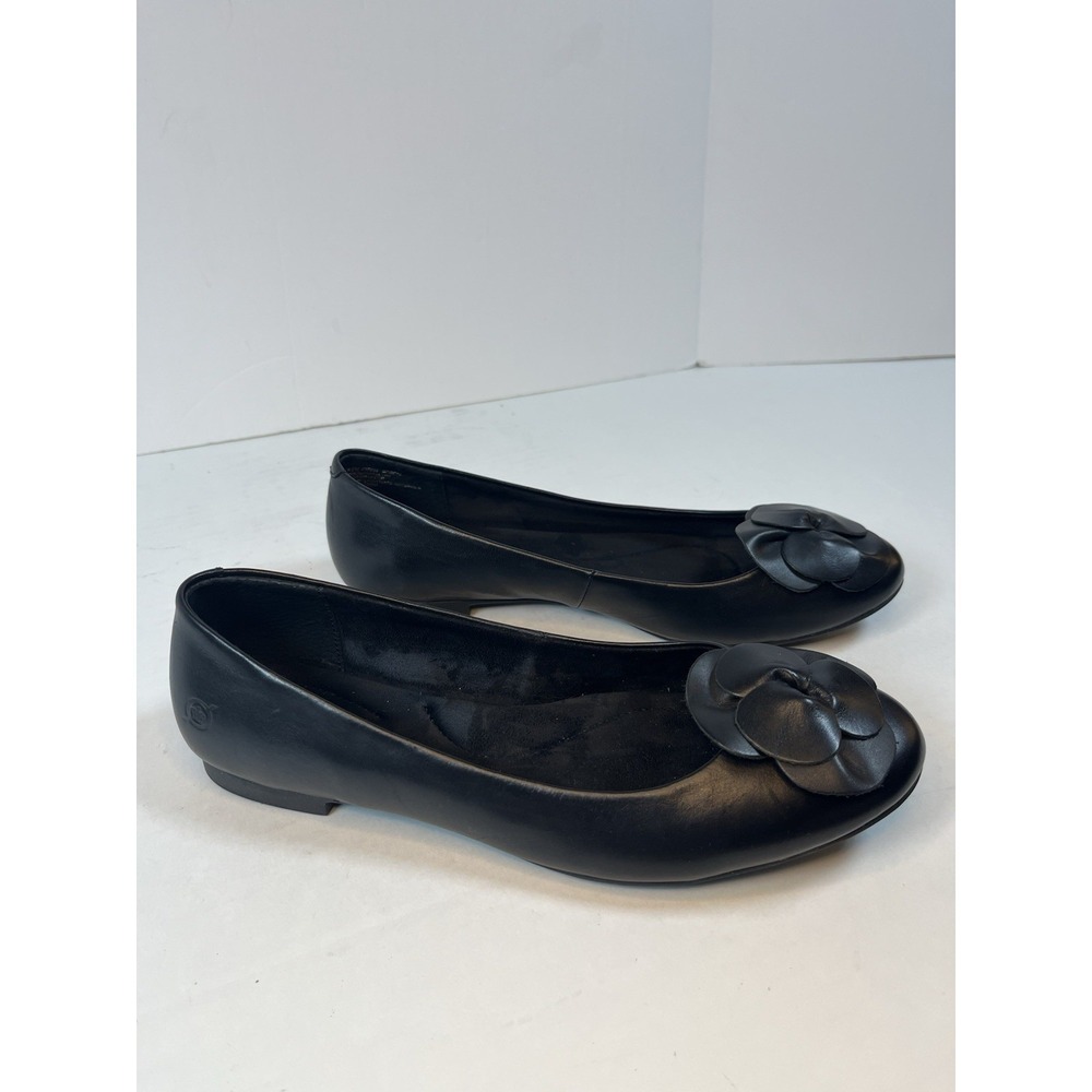 Born Rosette Ballet Flats Black Leather Rose Shoes Size 8.5